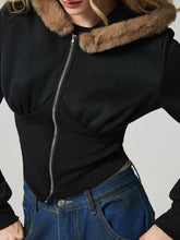 Zip Up Long Sleeve Fuzzy Hem Hooded Jacket Woman Outerwear