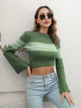 Ribbed Color Block Round Neck Cropped Sweater Army Green Sweater Pullovers