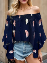 Feather Print Smocked Off-Shoulder Blouse Dark Blue Woman Blouses