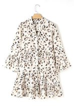 Leopard Print Buttoned Front 3/4 Sleeve Tiered Ruffled Hem Dress Casual Dresses