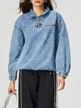 Quarter Zip Collared Neck Denim Top Woman Tops