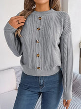 Cable-Knit Buttoned Round Neck Sweater Charcoal Sweater Pullovers