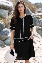 Contrast Scallop Trim Bow Detail Short Sleeve Shift Dress Black Woman Casual Dress