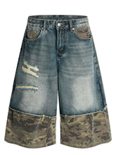 Men's Distressed Camo Panel Denim Shorts Blue Denim Shorts