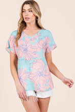 BOMBOM Floral Short Sleeve T-Shirt Aqua-Pink Woman T Shirts