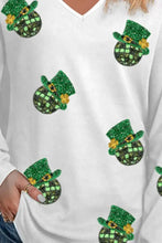 White long sleeve Sequin V-Neck T-Shirt with green glittery leprechaun hats