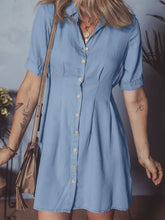 Denim Pleated Slim Waist Short Sleeve Shirt Dress Woman Dress