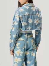 Distressed Raw Hem Floral Collared Neck Denim Top Woman Tops