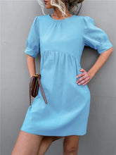 Round Neck Puff Sleeve Mini Dress Pastel Blue Casual Dresses