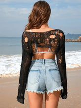 Distressed Boat Neck Long Sleeve Cover Up Swimwear Cover-Ups