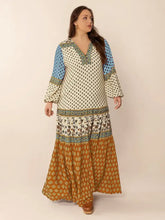 Plus Size Printed V-Neck Balloon Sleeve Maxi Dress Camel Maxi Dresses