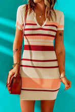 Contrast Striped Johnny Collar Short Sleeve Mini Dress Woman Casual Dress