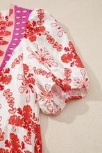 Boho Floral Short Sleeve Tie Neck Mini Dress Woman Casual Dress