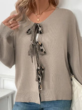 Perfee Tied Contrast Heart V-Neck Long Sleeve Cardigan Woman Outerwear