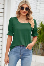 Smocked Square Neck Short Sleeve T-Shirt Dark Green Woman T Shirts