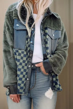 Pocketed Checkered Collared Neck Snap Down Jacket Dark Green Woman Outerwear