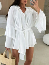 Bell Sleeve Tie Waist Mini Shirt Dress Woman Casual Dress