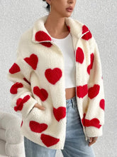 Heart Zip Up Drop Shoulder Furry Jacket Woman Outerwear
