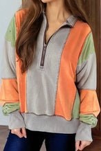 Full Size Exposed Seam Color Block Long Sleeve Sweatshirt Gray Woman Sweatshirts