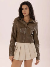 Collared Neck Snap Down Long Sleeve Jacket Coffee Brown Woman Outerwear