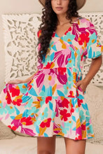 Floral Bubble Sleeve V Neck Tiered Ruffle Babydoll Dress Floral Casual Dresses