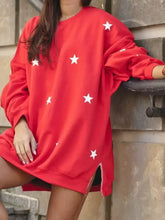 Side Slit Stars Round Neck Long Sleeve Sweatshirt Red Woman Sweatshirts