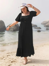 Plus Size Ruffled Hem Square Neck Short Sleeve Dress Black Maxi Dresses