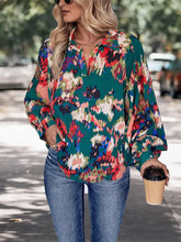 Perfee Printed Johnny Collar Long Sleeve Blouse Green Woman Blouses