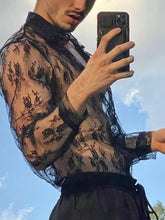 Men's Full Size Lace Long Sleeve Sheer Shirt Plus Size Mens Tops