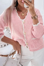 Contrast Trim V-Neck Long Sleeve Cardigan Blush Pink Woman Outerwear