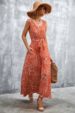 Printed V-Neck Tie Waist Maxi Dress Woman Maxi Dress