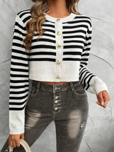 Devine Striped Round Neck Button Down Cardigan Black White Woman Outerwear