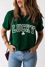 LUCKY Round Neck Short Sleeve T-Shirt Dark Green Woman T Shirts