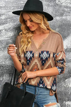 Brown Western Print Buttoned V Neck Top Woman T Shirts