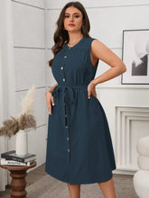 Plus Size Button Front Tie Waist Sleeveless Dress Dark Navy Casual Dresses