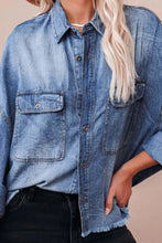 Collared Neck Raw Hem Long Sleeve Denim Shirt Woman Denim Tops