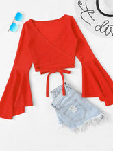 Tied Flare Sleeve Top Red Orange Woman Blouses