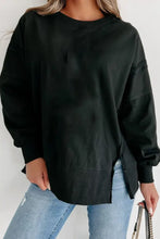 Side Slit Round Neck Long Sleeve Sweatshirt Black Woman Sweatshirts
