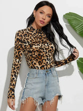 Leopard Mock Neck Long Sleeve T-Shirt Woman T Shirts