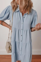 Button Up Puff Sleeve Tiered Shirt Dress Woman Casual Dress