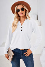 Notched Button Detail Long Sleeve T-Shirt White Woman T Shirts