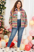 Plus Size Pocketed Printed Collared Neck Jacket Woman Outerwear