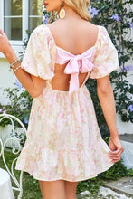Floral Puff Sleeve Square Neck Knotted Open Back Ruffled Mini Dress Woman Dress
