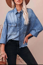 Collared Neck Raw Hem Long Sleeve Denim Shirt Woman Denim Tops