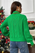 Cable-Knit Ruffled Mock Neck Lantern Sleeve Sweater Sweater Pullovers