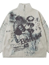 Men's Oversized Graffiti Zip Up Knit Cardigan Cardigans