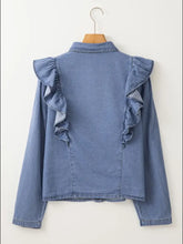 Ruffled Collared Neck Long Sleeve Denim Top Woman Denim Tops