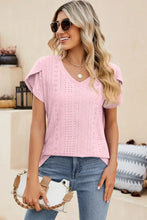 Eyelet V-Neck Petal Sleeve T-Shirt Woman T Shirts