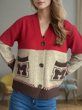 Pocketed Contrast V-Neck Button Up Cardigan Woman Outerwear