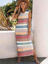 Slit Striped Round Neck Sleeveless Dress Watermelon pink Woman Maxi Dress